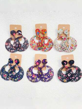 6 Pairs Spring/Summer Boho Style Wooden Earrings Set - Retro Retro Printed Round Earrings Accessories, Suitable For Daily Wear, Festivals, Music Concerts, Women's Fashion Gifts, Exquisite Gifts For Friends