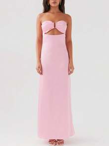 Y2k Floral Cut Out Strapless Maxi Dress For Women 2025 Summer Backless Bodycon Satin Tube Dress Off Shoulder Formal Cocktail Beach Long Sundress - Hồng - Xem 2
