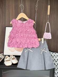 مجموعة فتاة 2 قطعة تتكون من ملابس علوية بياقة مستديرة وأكمام بدون أكمام مزينة بزهور ثلاثية الأبعاد وتنورة قصيرة، مناسبة للصيف - الأرجواني - مشاهدة 3