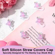 1/2/3 件闪亮树脂迷你猫吸管顶饰 - 彩虹和紫色闪光设计，可重复使用的闪光小猫设计 - 粉色 - 查看 6