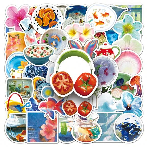50pcs Tropical Summer Cute Cartoon Minimalist Stationery Decorative Stickers, Desk Storage Box Accessories Room Decor Home Decor Wall Stickers Wall Decor