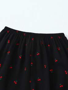 可爱樱桃印花睡衣套装，带领扣和短袖上衣、长裤、女士睡衣和家居服 - 黑色 - 查看 6