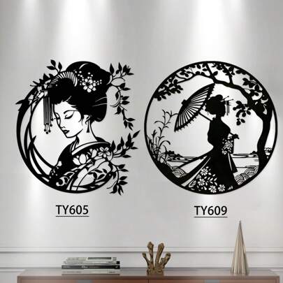 1 pezzo Scultura da parete in metallo stile Art Deco raffigurante una geisha, cartello per porta in stile tradizionale giapponese, decorazione per camera da letto, cucina, soggiorno, ufficio, verandina, regalo, opera d'arte in metallo, decoro vintage, ispirata all'albero bonsai giapponese