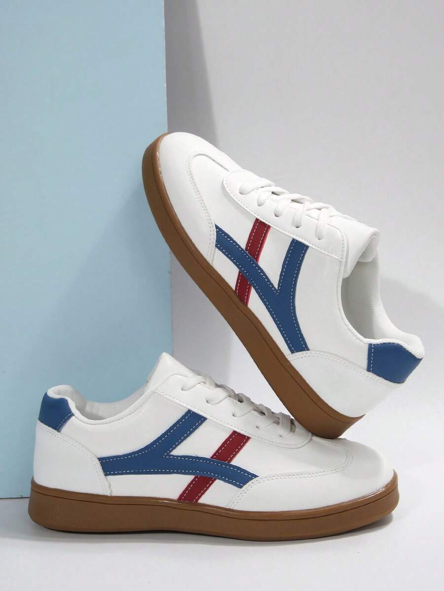 Women's Casual Sports Shoes, Solid Color Stripe Contrast Design, Lightweight & Comfortable, Non-Slip Rubber Sole, Lace-Up, Suitable For All Seasons, Good Gift Option - Blue - View 1