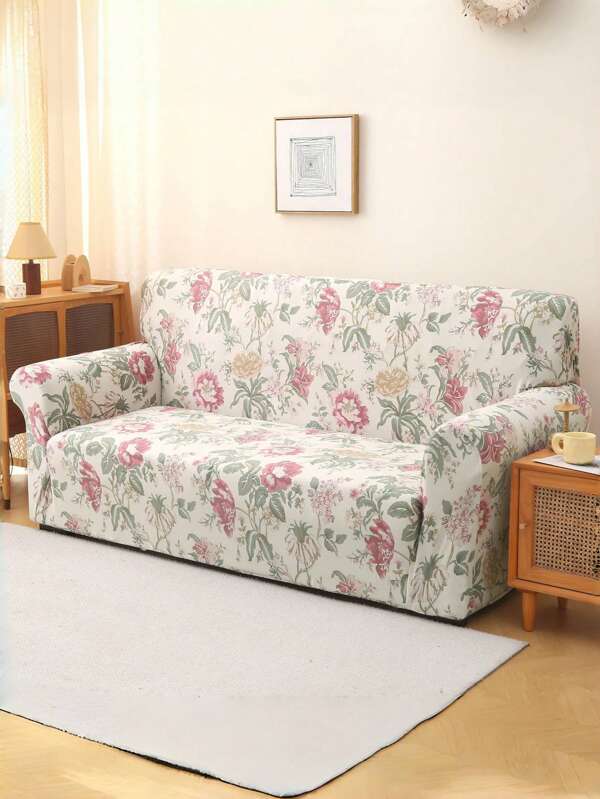1pc Gentle Pink Flower Apricot Sofa Cover Elastic All Inclusive All Season Universal Sofa Cover Living Room Sofa Protective Cover Home Decoration