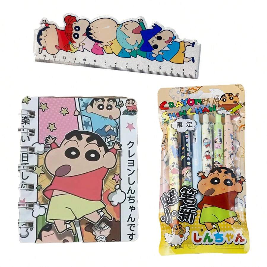 Crayon Shin Chan Stationery Set, A7 Small Notebook, Cartoon Ruler, Crayon Shin Chan Writing Tool, Very Suitable For Festivals, Fans, Offices, Schools, And Gift Giving,Back To School