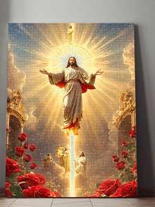 |5D DIY 钻石画|神圣的基督教宗教元素钻石画套装，上帝被光与花包围的帆布墙艺术印刷品。钻石艺术套装，家居装饰钻石画，DIY 自己的墙面艺术，享受动手的乐趣，送给朋友的最佳礼物