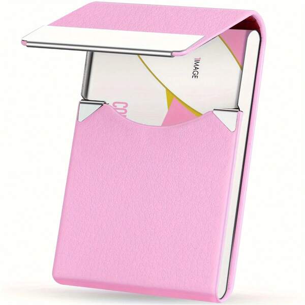 RFID Blocking Magnetic Clasp Business Card Holder - Pink Faux Leather Card Case For Men & Women, Office Neutral Pocket Card Organizer -