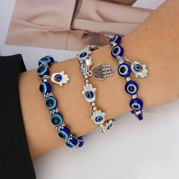 3 Peças/Conjunto Conjunto de Pulseira e Pingente Decorativo de Contas com Olho Grego Azul