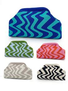 Bolso de embrague de punto a rayas y parches de moda, bolsa de maquillaje con estructura duradera y patrón ondulado de punto, bolsa de almacenamiento elegante para exteriores, bolsa de playa de vacaciones, bolsa de fiesta y noche, artículos de viaje portátiles de uso diario