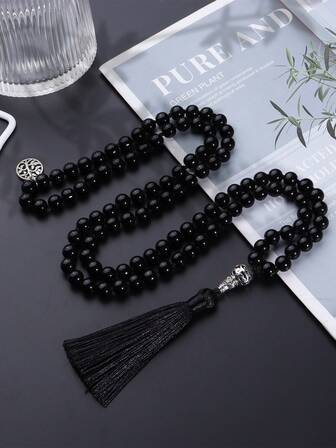 YAUKIA Collar largo con borlas de 8 mm, collar de cuentas de ágata negra de piedra volcánica de 108 cuentas, collar de mala para meditación, yoga, oración, joyería bohemia para mujeres y hombres