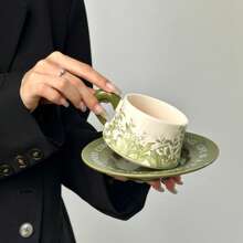 Vintage American Ceramic Cup & Saucer, Antique-Style Lily Flower Oil Painting Decor Coffee Cup Set, Afternoon Tea Mug