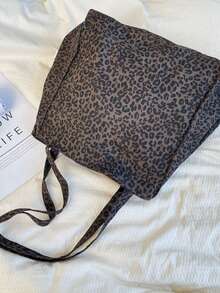 1pc Fashion Stylish Color Block Leopard Print Shoulder Tote Bag For Women, Large Capacity - Black - View 4