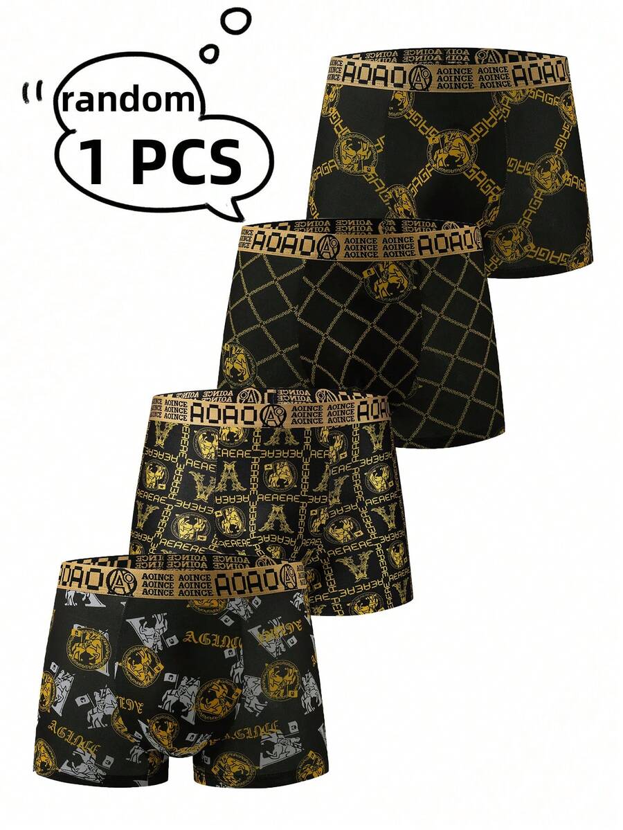 Random 1-Piece Set Of Men's Luxury Printed Flat Corner Underpants - Made Of Medium Stretch, Comfortable And Breathable Fabric, Fashionable English Elastic Waistband, Opaque, With Unique Pattern Design - Fashionable Casual Underwear, Quick Drying Sweat Absorbing Sports Style, Suitable For Everyone