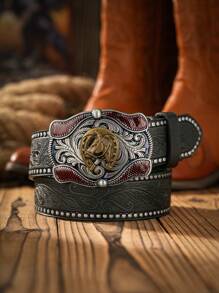 1 pieza Cinturón de estilo vaquero occidental bohemio unisex con hebilla con diseño de animal, marrón oscuro vintage, informal para todas las estaciones