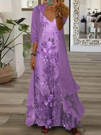 Vår/sommar Plus Size Dam Elegant Blommig Ärmlös V-ringad Klänning med 3/4 Ärm Transparent Kofta Tvådelat Set, Perfekt För Romantiska Bröllop, Nyårsoutfits, Lämplig För Avslappnade Utflykter, Kaffedejter