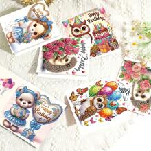 6 Packs 5D DIY Diamond Painting Greeting Cards, Owl, Hedgehog & Bear Designs, Handmade Diamond Art Greeting Card Kits Craft Kit With Asymmetrical Shaped Diamonds, Creative Gift For Christmas, Thanksgiving & Special Occasions