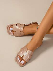 女士时尚方头交叉平底凉鞋，黑色，百搭春夏新款 - 香檳色 - 查看 2