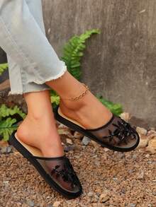 2025 Model Women's Handwoven Bead & 3 Flower Embroidered Mesh Slip-On Slipper - Black - View 3