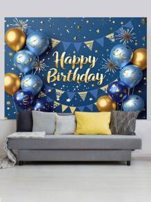 1pc 3D Blue And Gold Happy Birthday Photography Backdrops Glitter Stars Fireworks Balloons Flags Photo Background 59.1*39.4/82.7*59.1/106.3*70.9 Inches Newborn Shower Party Banner Indoor Outdoor Decoration Supplies