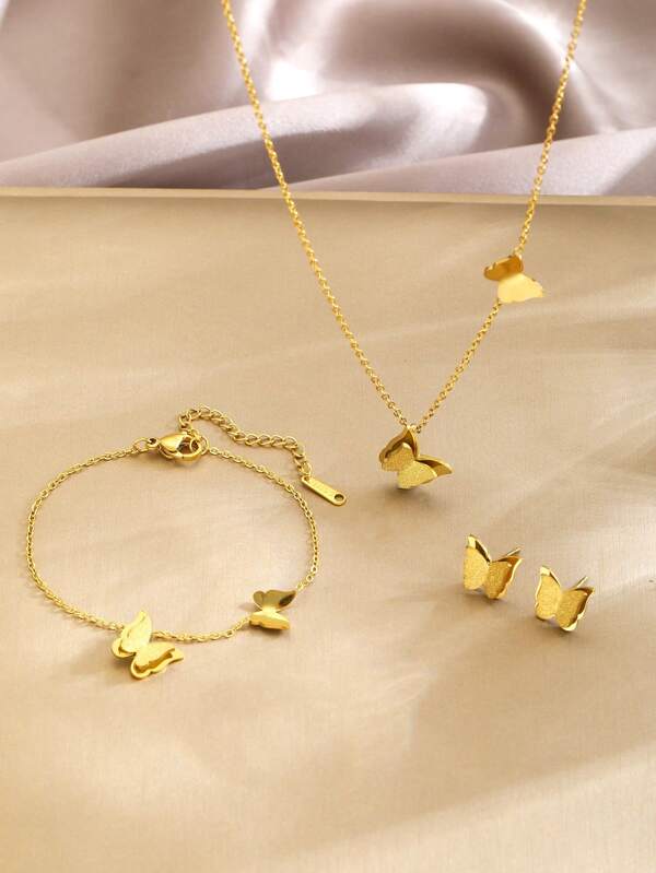3 pièces/set Collier, bracelet et boucles d'oreilles en acier inoxydable avec pendentif papillon doré élégant et mode. Convient pour les filles comme bijoux quotidiens, accessoires, cadeau, anniversaire, fêtes