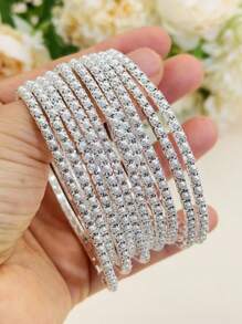 1 set/Múltiple Pulsera de tenis con banda elástica y perlas falsas, color dorado 3MM