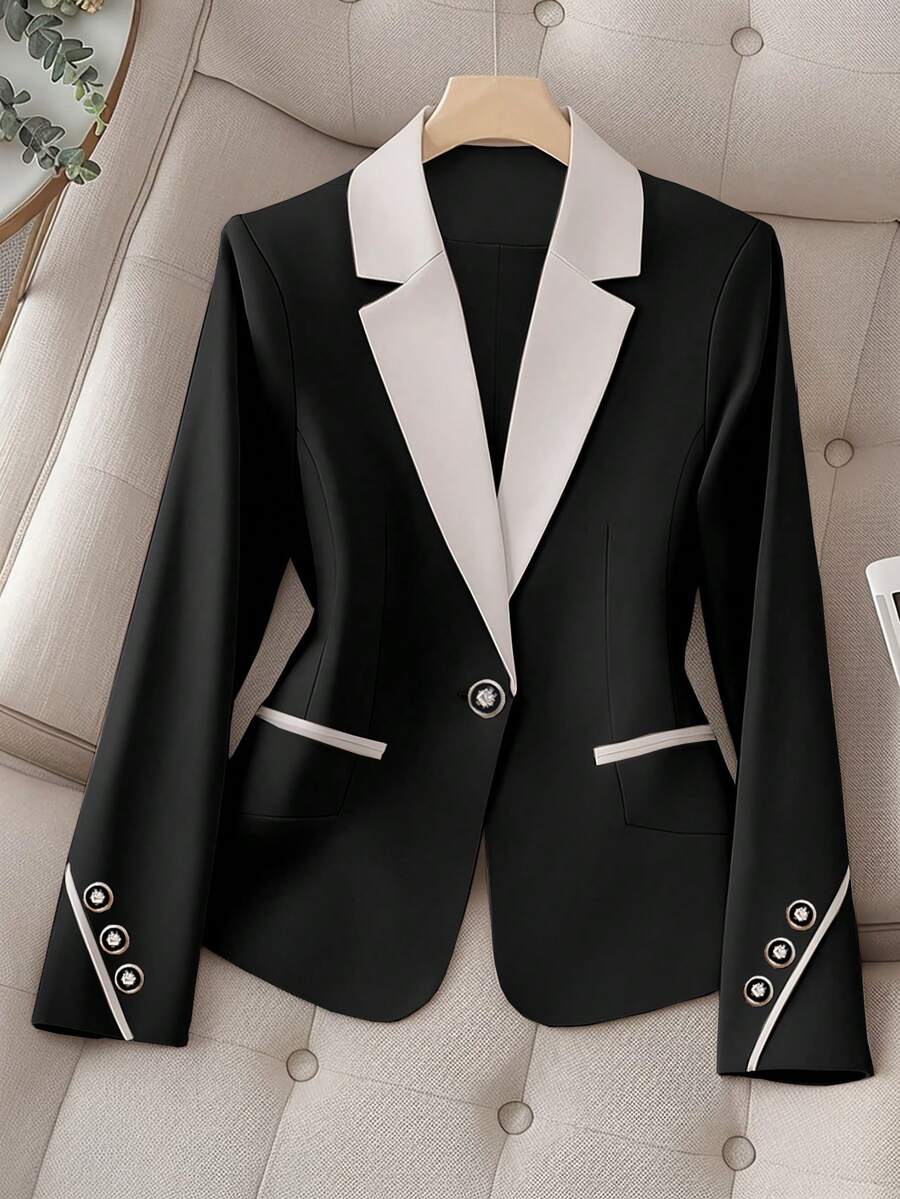 HOMEYEE Kontrastowy blok kolorów, stójka, długi rękaw, swobodna marynarka, elegancki styl retro, odpowiednia do biura, pracy lub na wakacje, wiosna/jesień/zima - Czarne - Zobacz 1