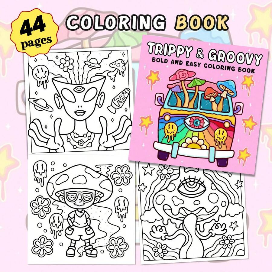 Libro para colorear de 44 páginas con temática psicodélica para adultos, con motivos de setas, extraterrestres, mundos mágicos e ilusiones para relajación - Ver 1