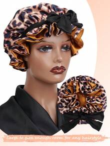 1 pieza Gorro reversible de satén forrado para mujer, gorro para dormir de unicolor suave y transpirable con estampado de leopardo de doble capa, para el cuidado del cabello, uso cómodo para todos los días