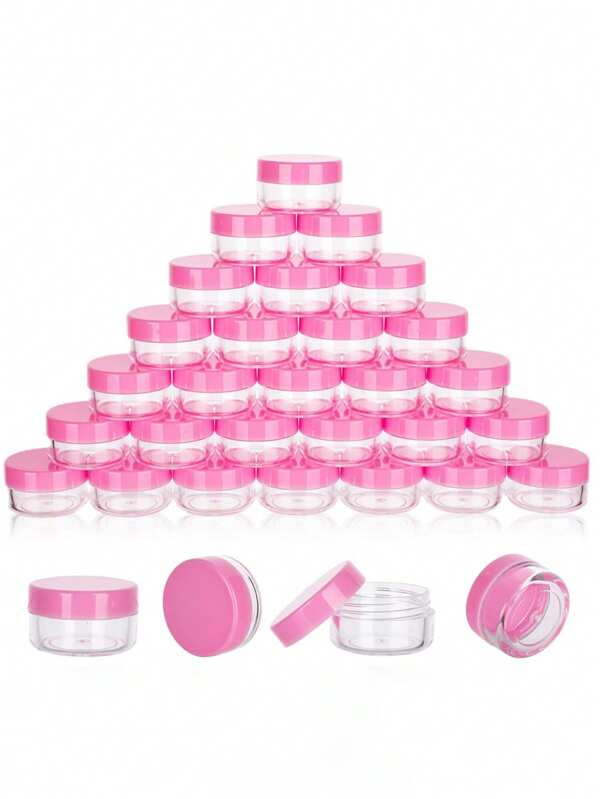 20PCS/10PCS/5PCS/1PC/5g Empty Plastic Containers, Pink LIDS, Mini Cosmetic Sample Containers, Small Sample Jars, Round Cosmetic Jars, For Liquid Sample Powders, Creams And Lotions, Refillable Use, Travel Accessories
