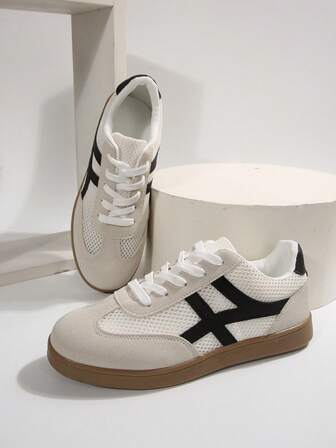 Women's Casual Sports Shoes, Solid Color With Stripe Contrast Design, Lightweight And Comfortable, Non-Slip Rubber Sole, Lace-Up, Suitable For All Seasons, Great For Gifts