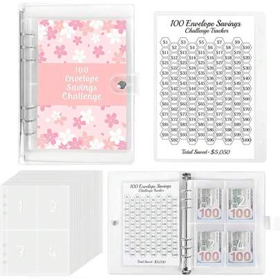 1 יחידה 100 אתגר חיסכון בכסף ספר עלים רופפים, דפוס פריחת הדובדבן, לתכנון אישי 100 ימים חסכון $5,050, מתנה לחברים משפחה, שימוש יומיומי