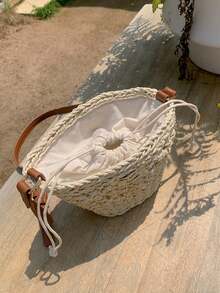 Summer 2025 New Women Woven Bag, Casual Vacation Style Straw Bag, Mini Handbag Shoulder Crossbody Bag - Apricot - View 7