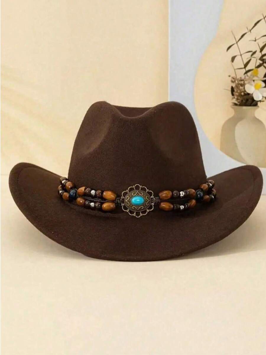 1pc Western Cowboy Hat For Women. It Has A Detachable Sapphire Wood Beaded Hat, A High Top Hat, A Lightweight Stylish Hat For All Seasons, Suitable For Outdoor Activities, Parties And Daily Wear.