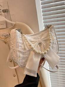 Fashionable Faux Pearl Chain Decorated Handheld & Shoulder Bag, Minimalist & Practical, Multi-Functional, Elegant Faux Pearl Bag , Small Bags , Beach - White - View 2