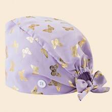 1pc Premium Polyester Material Butterfly Print Thermal Transfer Gold Design Scrub Cap, Anti-Bacterial And Dust-Proof, Elastic Back, Side Mask Hanging Buckle, Suitable For Doctors, Nurses, And All Hospital, Beauty Salon, And Veterinary Clinic Workers