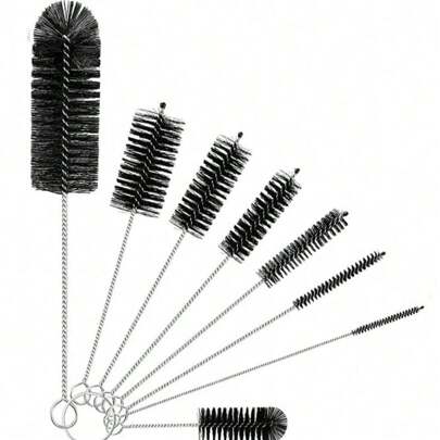 Set di 8 pezzi per la pulizia di bottiglie e cannucce, con spazzola in nylon lungo per bottiglie, manico flessibile in acciaio inossidabile, adatto per bottiglie, cannucce, tubi, caraffe e lavandini