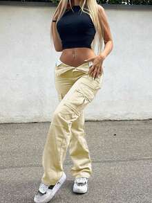 NVFelix New Retro Y2K Cargo Pants For Women - Stretch Flap Pocket Design, Streetwear Style (Fall Clothes) - Màu be - Xem 5