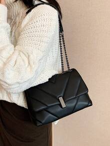 Fashionable Versatile Diamond Lattice Chain Strap Crossbody Shoulder Bag - Black - View 6