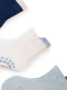 3 Pairs Toddler/Kids' Solid Color 100% Cotton Striped Crew Socks, Cute Daily Indoor Non-Slip Baby Socks - Multicolor - View 5