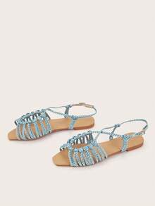 Hand-Woven Strap Casual Flat Sandals For Women, Random Weave Pattern, Light Blue - Baby Blue - View 5