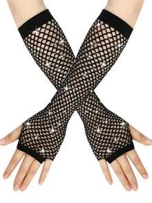 Guantes de red de pesca para adultos con rhinestones, guantes sin dedos cortos/medianos de colores elásticos para novias, fiestas y eventos, verano, viajes, festivales - Diamante largo y caliente - Ver 16