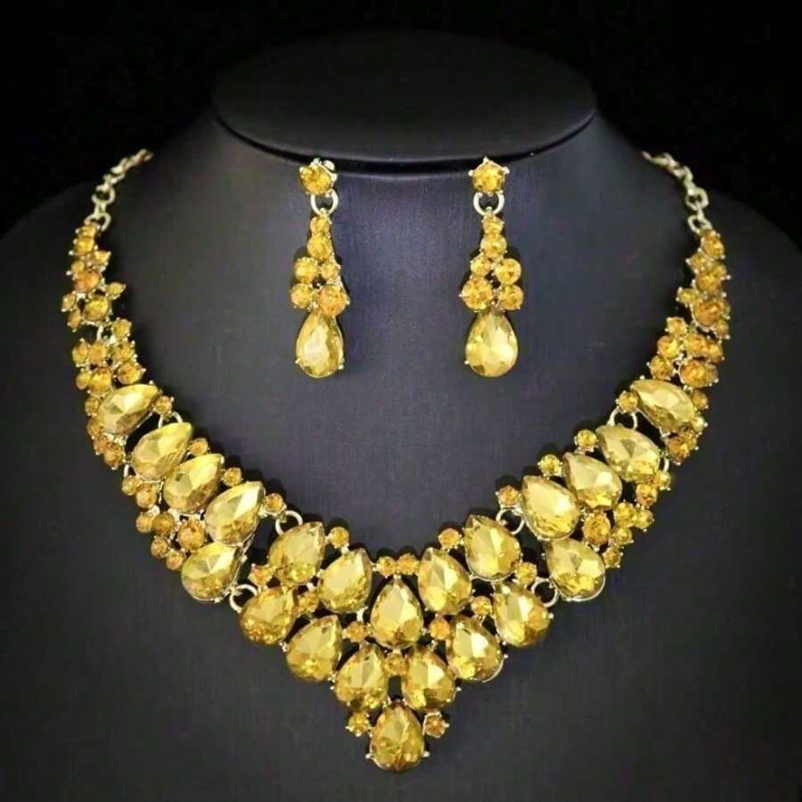 1 套女士珠宝套装，项链和耳环，镶嵌水钻，时尚优雅奢华，适合新娘、婚礼、正式场合、派对