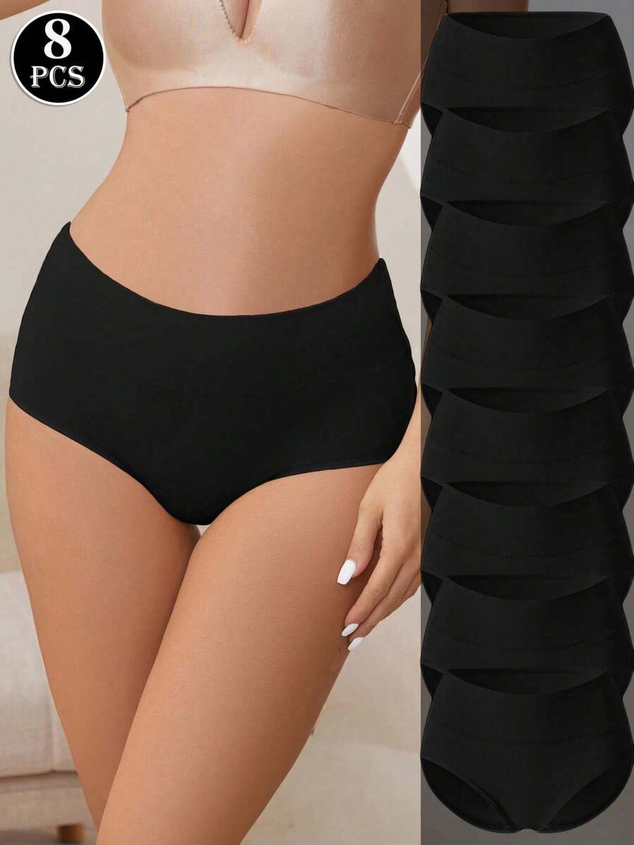HANQIYA 8 件女式高腰内裤，亲肤舒适优雅纯色黑色内裤，透气弹力，全覆盖，柔软，适合休闲穿着