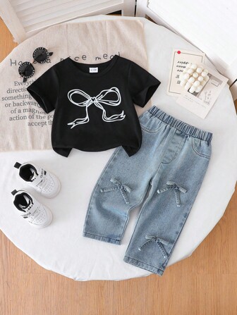 HAO6 可爱 2 件套新生女婴服装 - 黑色蝴蝶结装饰 T 恤和时尚牛仔裤，适合 0-3 岁宝宝，舒适穿着，适合夏季活动和假期
