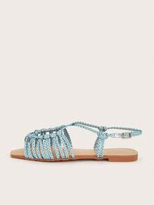 Hand-Woven Strap Casual Flat Sandals For Women, Random Weave Pattern, Light Blue - Baby Blue - View 4