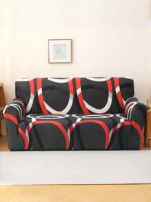 1pc Abstract Geometric Red White Gray Circular Gray Sofa Cover With Elastic All Inclusive All Season Universal Sofa Cover, Living Room Sofa Protection Cover, Home Decoration