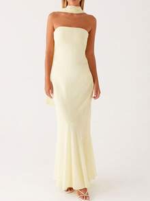 Womens Floral Strapless Dress With Scarf Y2k Backless Sleeveless Tube Maxi Long Dresses Sexy Mesh Bodycon Summer Beachwear - Solid Yellow - 查看 2