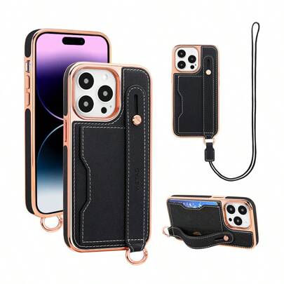 VIETAO Wrist Band Golden Plated Girls Faux Leather Phone Case Compatible With 16 15 14 13 12 Pro Max Lanyard Strap Card Slot Mobile Cover