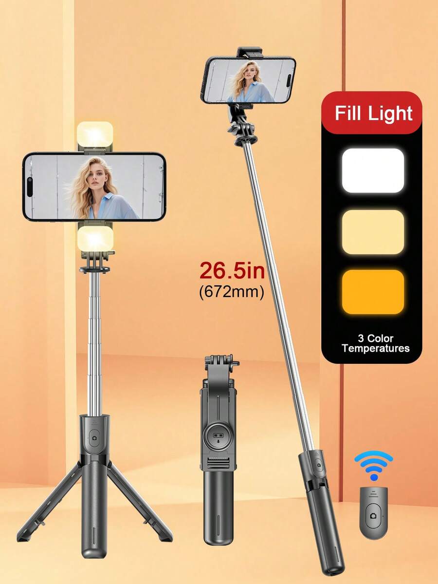 Luz de Relleno LED Portátil Palo Selfie, Palo Selfie Extensible Trípode, Trípode con Control Remoto Inalámbrico, Ligero y Portátil, Compatible con Sistemas iOS y Android, y talla grande, Adecuado para Selfie/Transmisión en Vivo/Fotografía, Perfecto para Vacaciones y Viajes